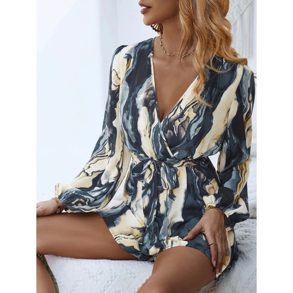 Marble Surplice Neck Belted Romper (XL-12) - Picture 6 of 11